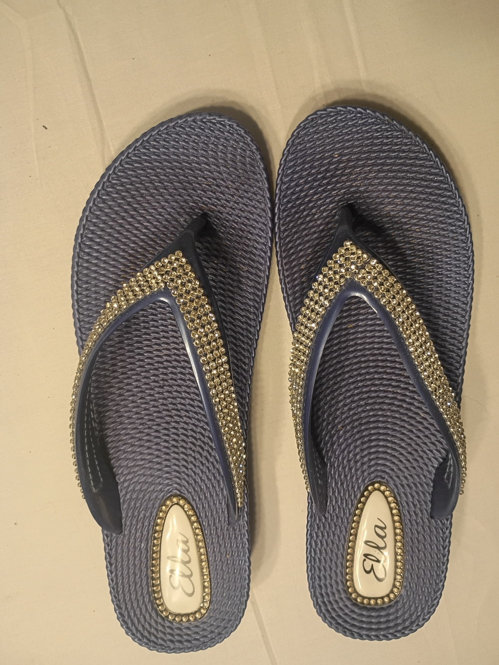 #2098 Ella Women's Navy Flip Flop Sandals with Beaded Straps
